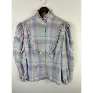 Vintage 70s Purple Plaid Button Up Shirt Women Large Long Sleeve Western Cottage